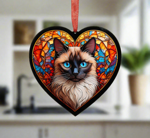 Siamese Cat Stained Glass Effect Heart Suncatcher